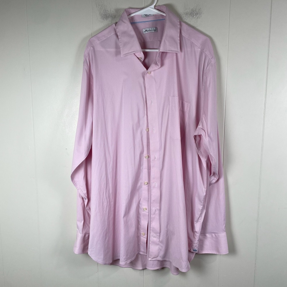 Peter Millar Mens Pink Gingham Dress Shirt 18 Extra Long Button‎ Down